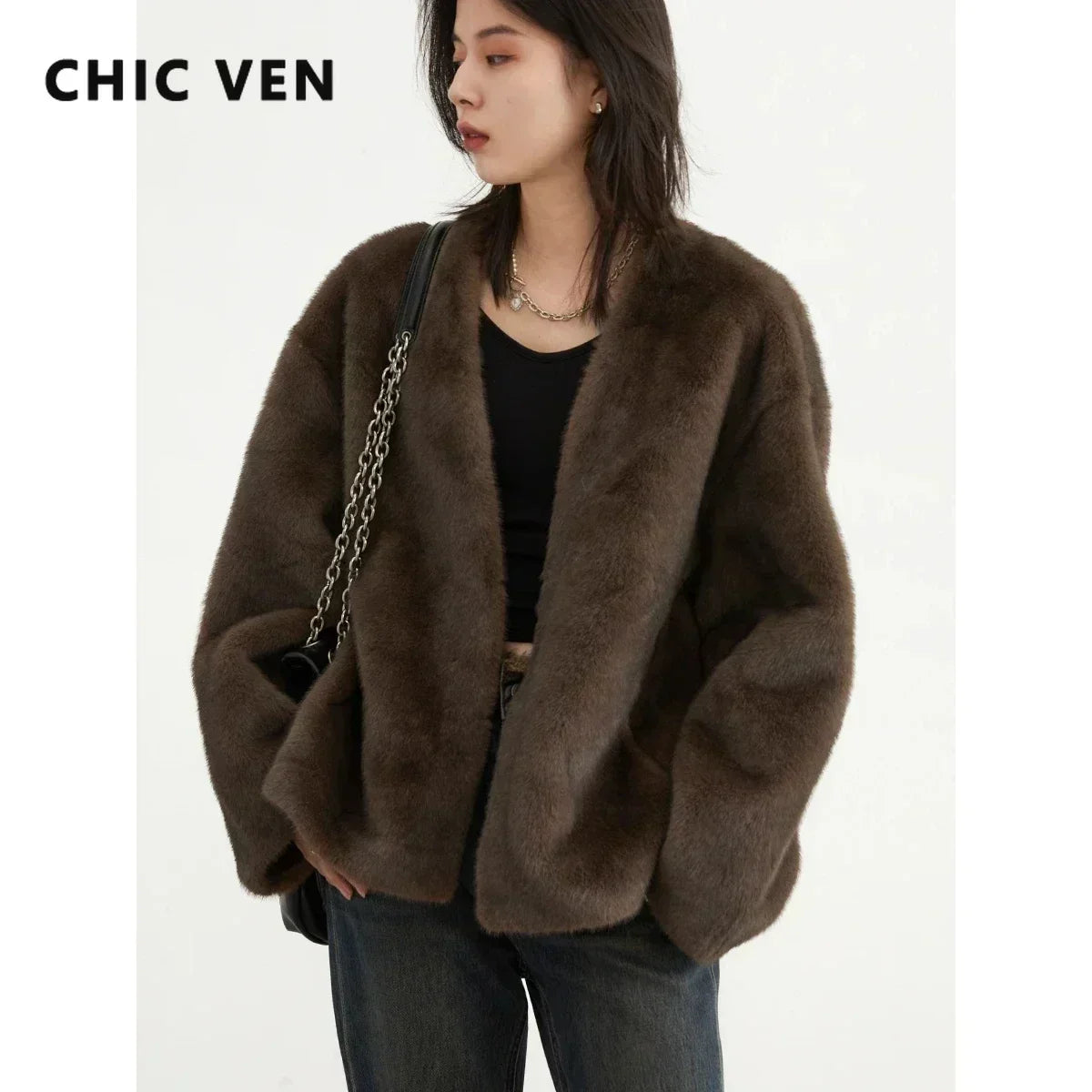 CHIC VEN Women's Jacket Loose Casual Solid Overcoat New Female Plush Coat V-neck Woman Outerwear Autumn Winter 2023